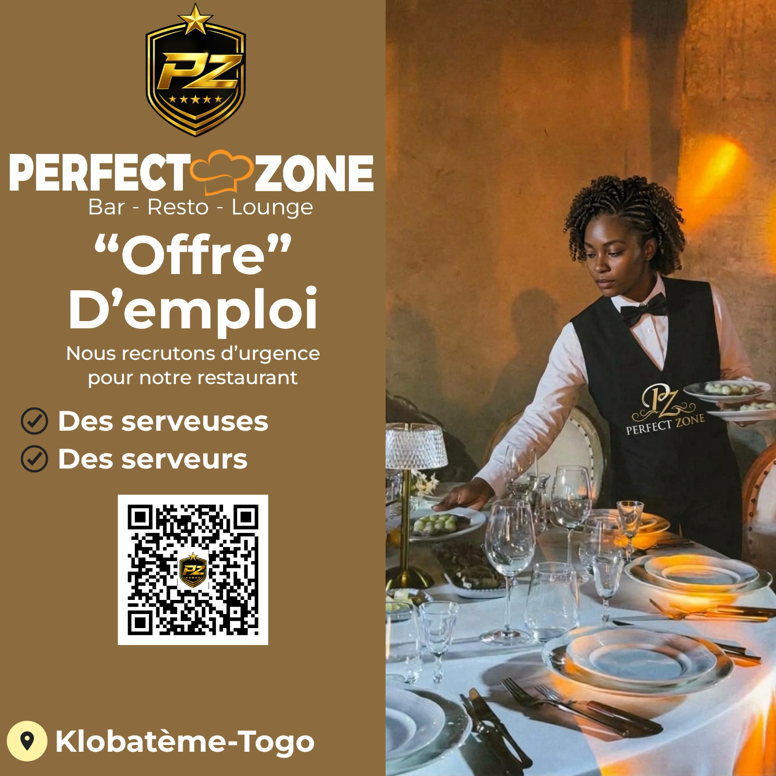 Offre d'emploi Perfect Zone — Des serveurs et des serveuses, Klobatème-Togo